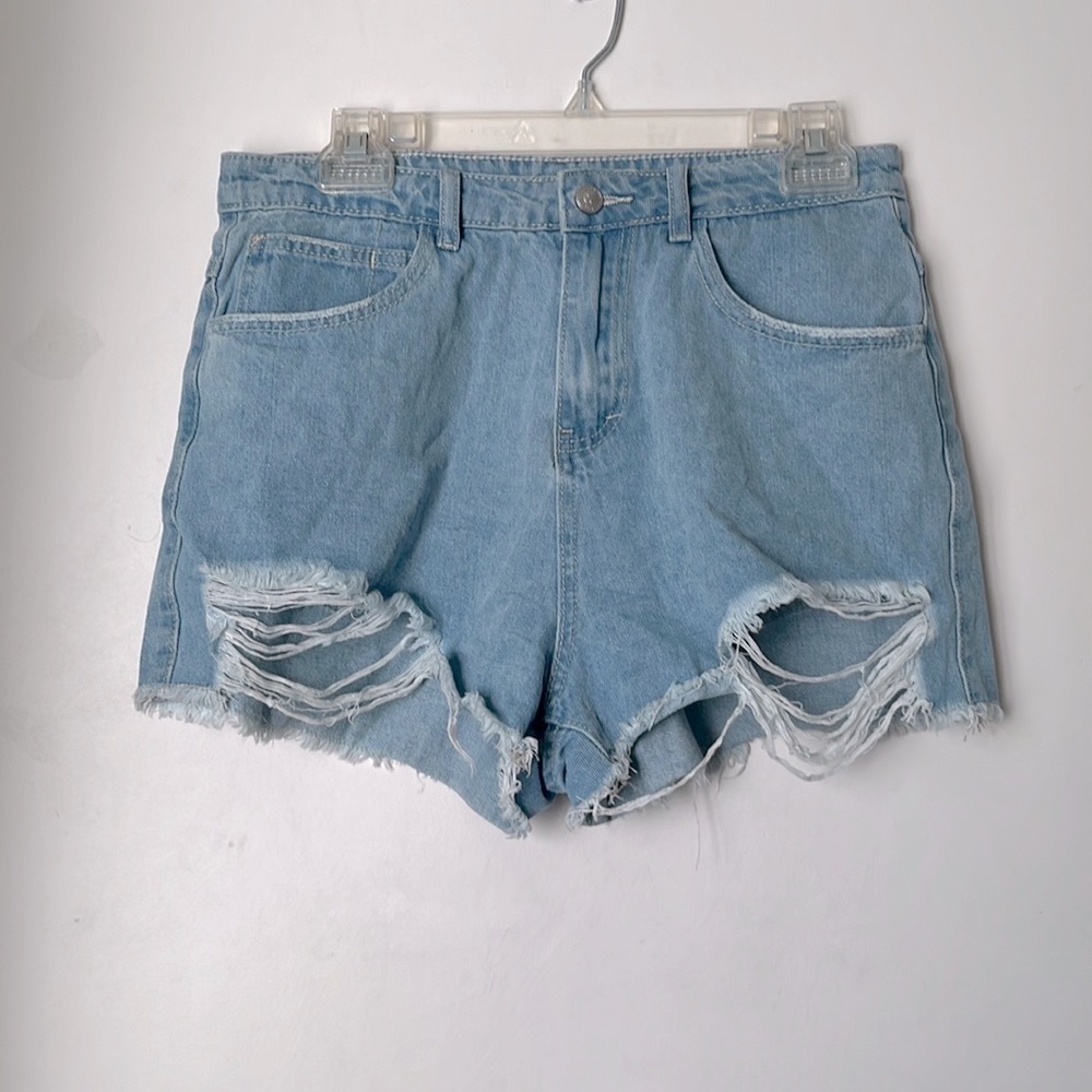 Princess Polly Elise Light Wash Denim Distressed High Waist Cut Off Shorts 8